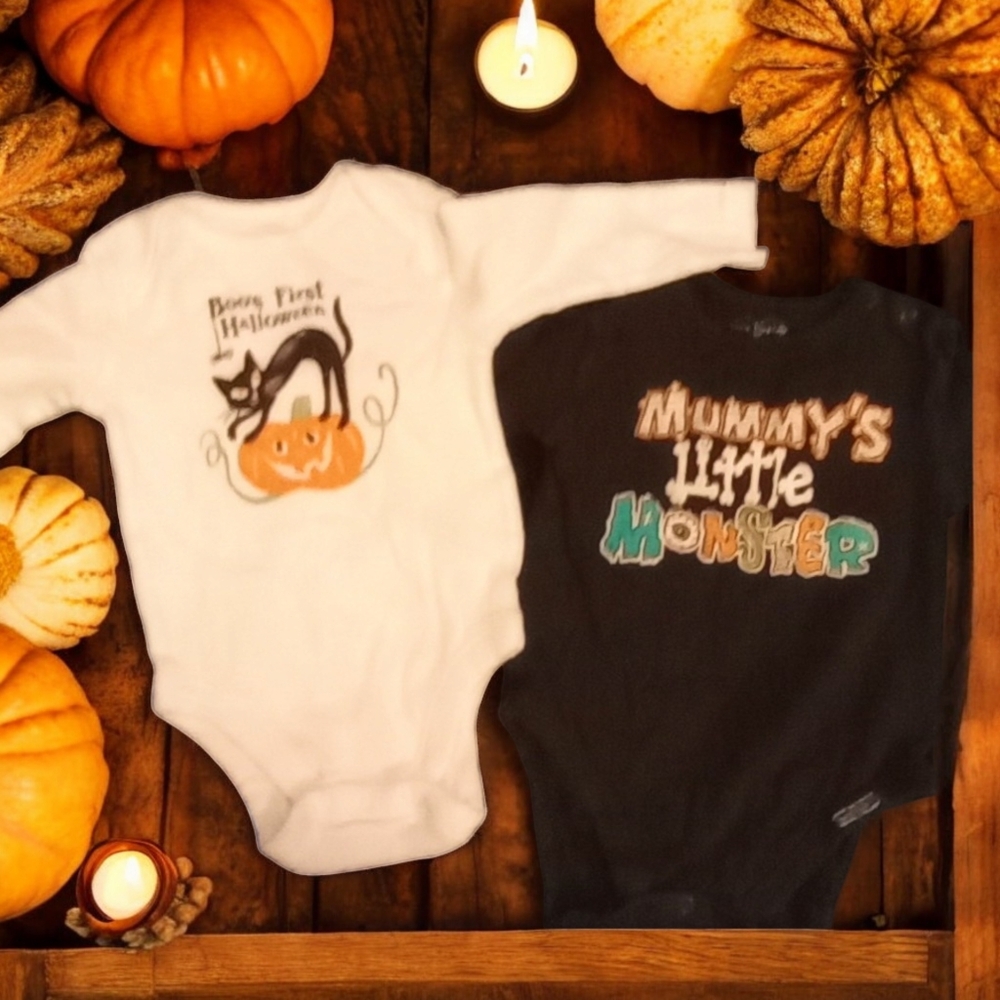 Infant 0-3 months Long Sleeve Halloween Bodysuit/Onesie 2 piece Bundle.